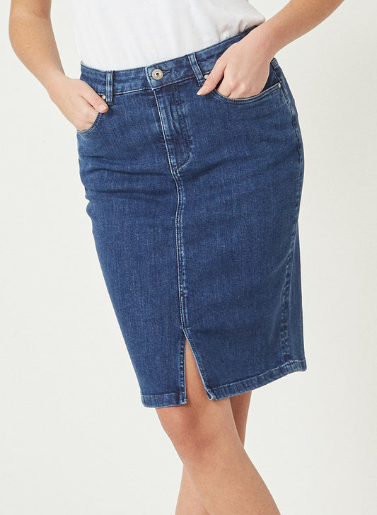 ELENA - Long Denim Jeans Skirt - Mid Blue